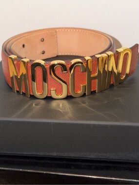 Moschino Cognac Leather w Signature Logo Belt with Gold Lettering